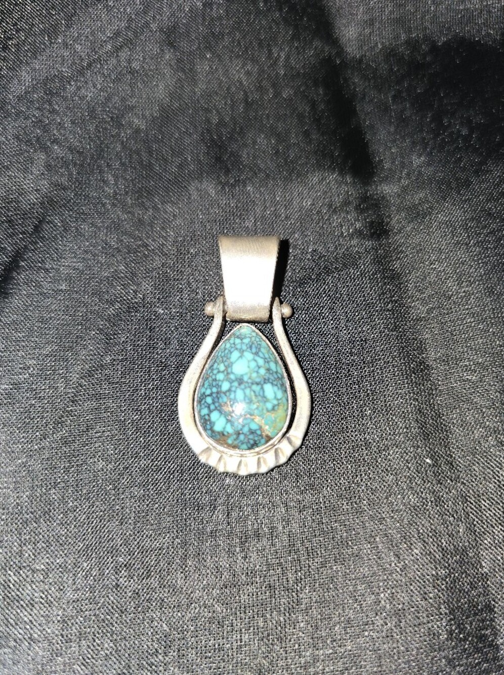 Vintage Spider Web Turquoise & Silver Teardrop Pendant